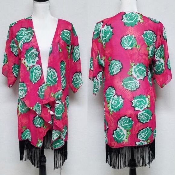 LULAROE Pink Green Mix Print Fringe Kaftan Kimono - Picture 1 of 12